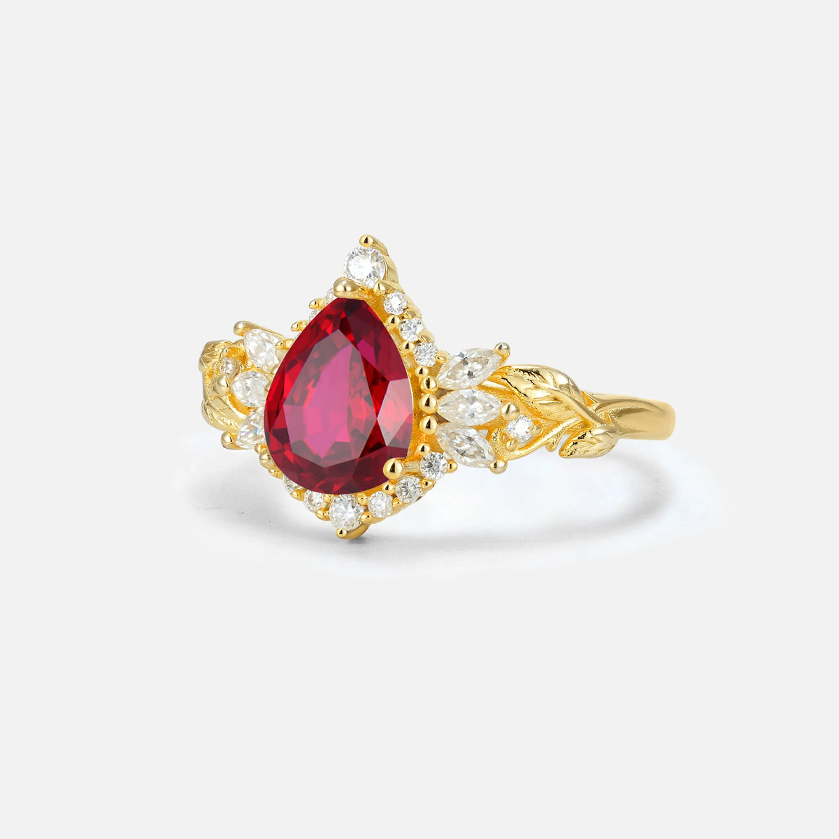 Pear Cut Ruby Marquise Halo Leaf Vine Engagement Ring - Additional view