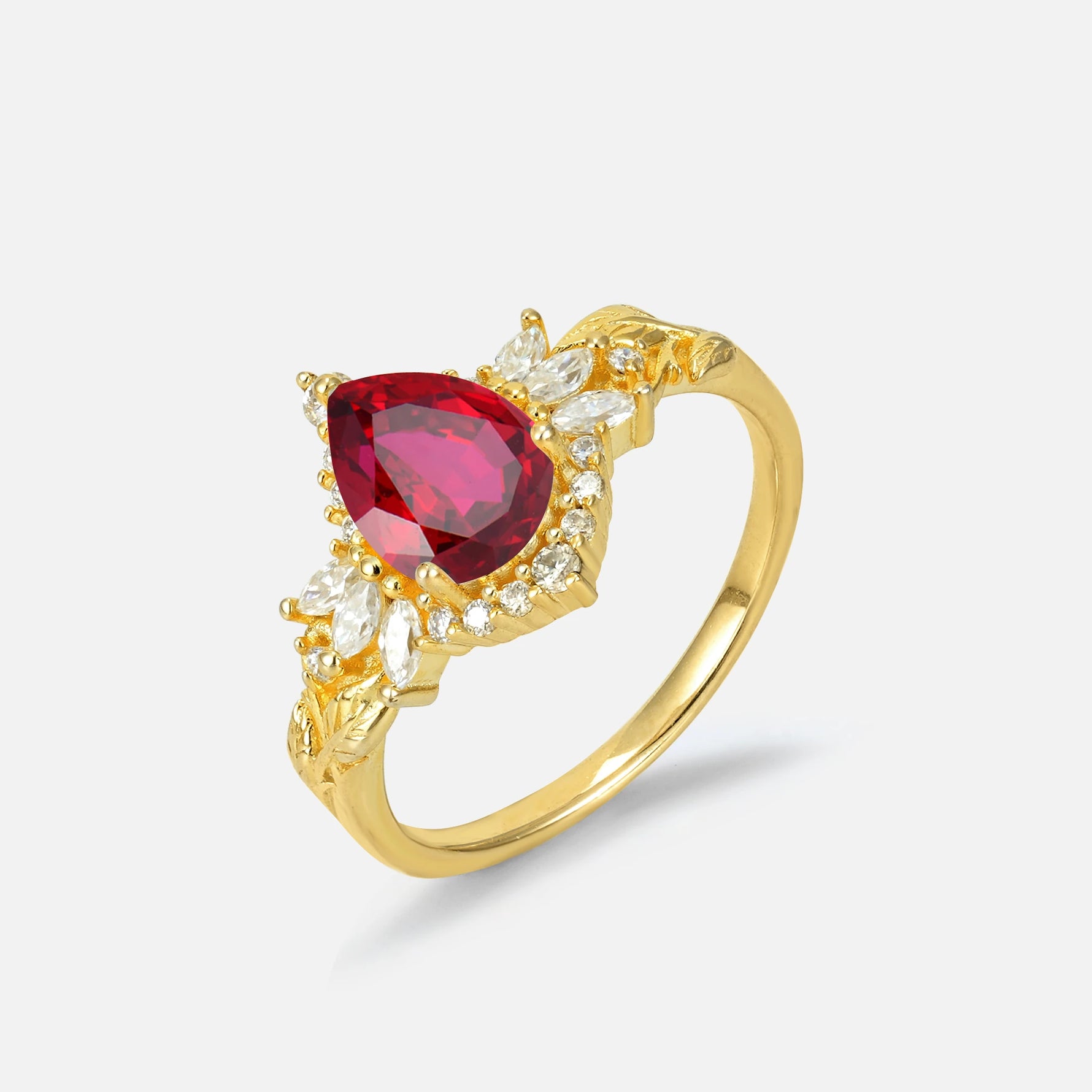 Pear Cut Ruby Marquise Halo Leaf Vine Engagement Ring - Additional view