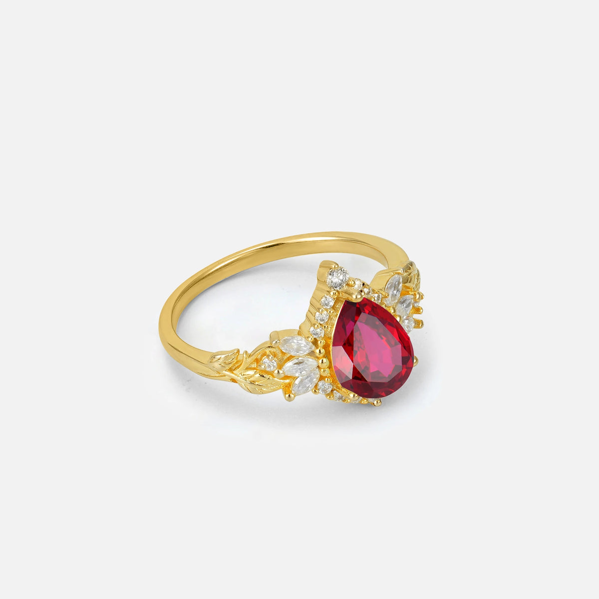Pear Cut Ruby Marquise Halo Leaf Vine Engagement Ring - Additional view