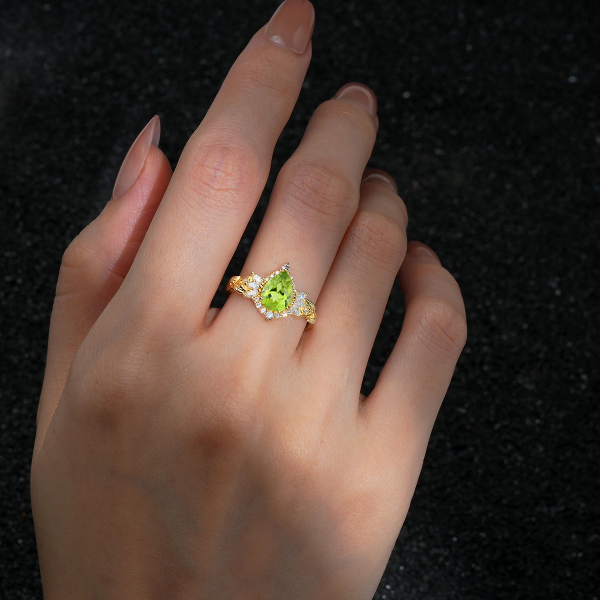 Pear Cut Peridot Marquise Halo Leaf Vine Engagement Ring