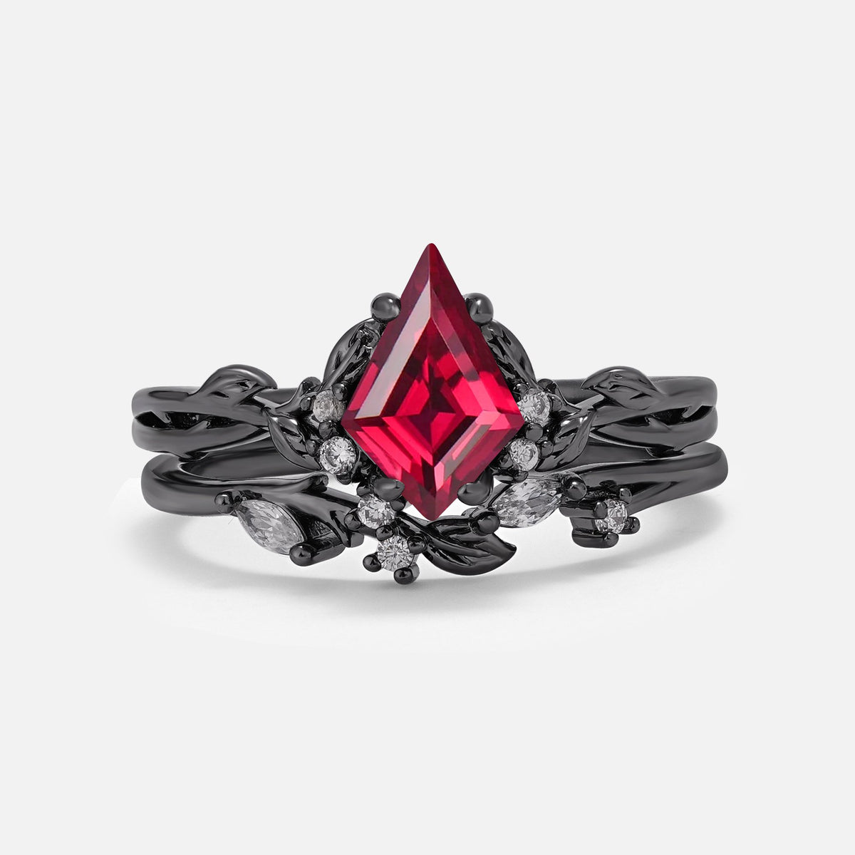 Halloween Kite Cut Ruby Vine Bridal Ring Set