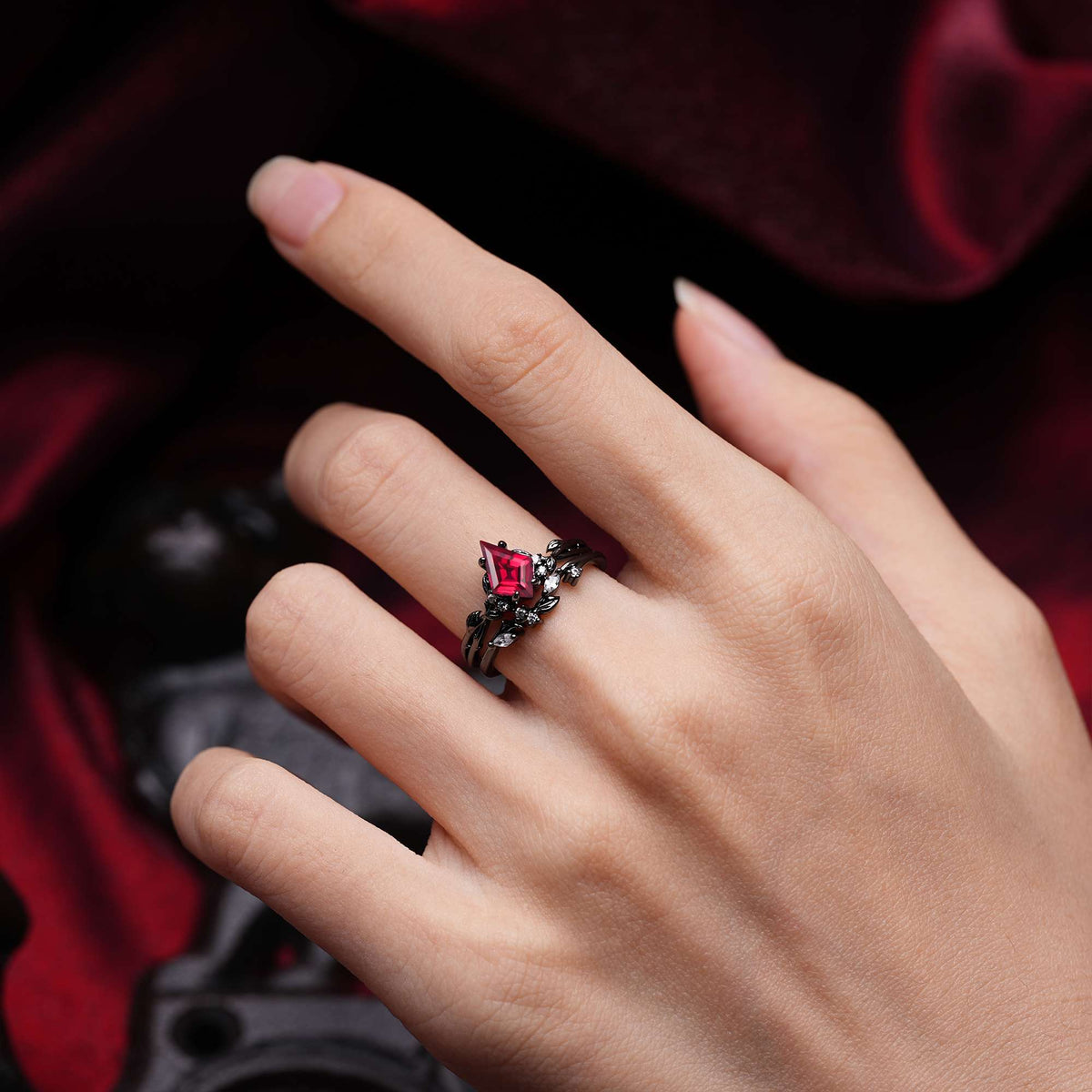 Halloween Kite Cut Ruby Vine Bridal Ring Set