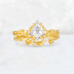 Elongated Kite Cut Moissanite Leaf Vine Marquise Bridal Ring Set - Yellow-Gold