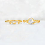 Elongated Kite Cut Moissanite Leaf Vine Marquise Bridal Ring Set - White-Gold