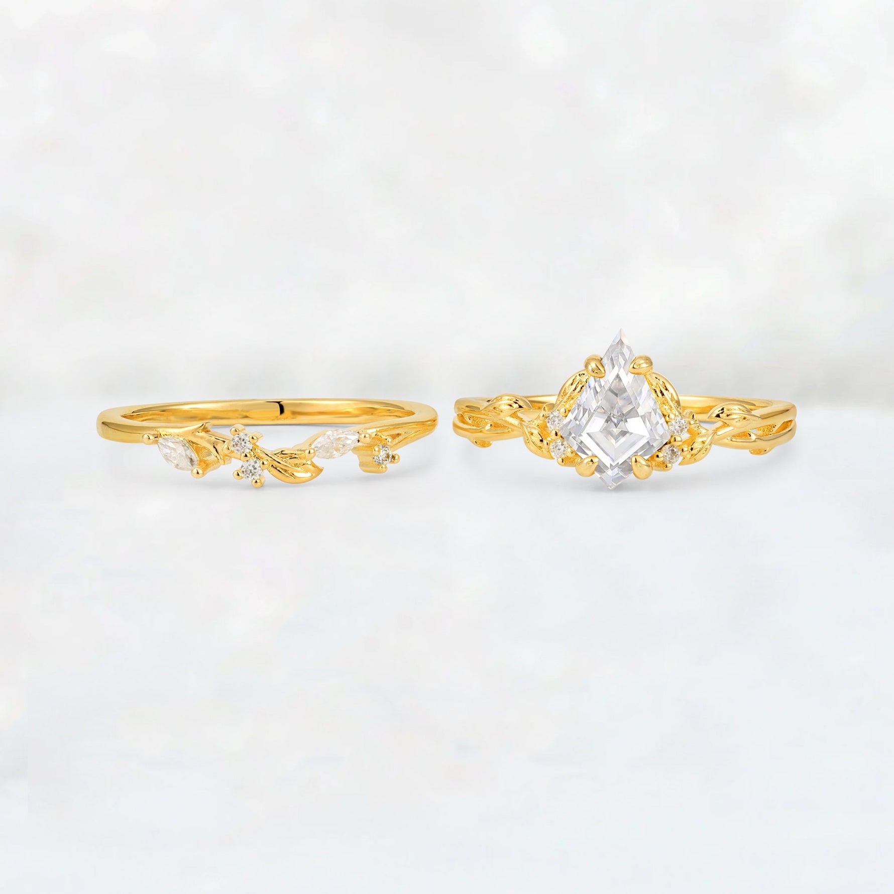Elongated Kite Cut Moissanite Leaf Vine Marquise Bridal Ring Set - White-Gold