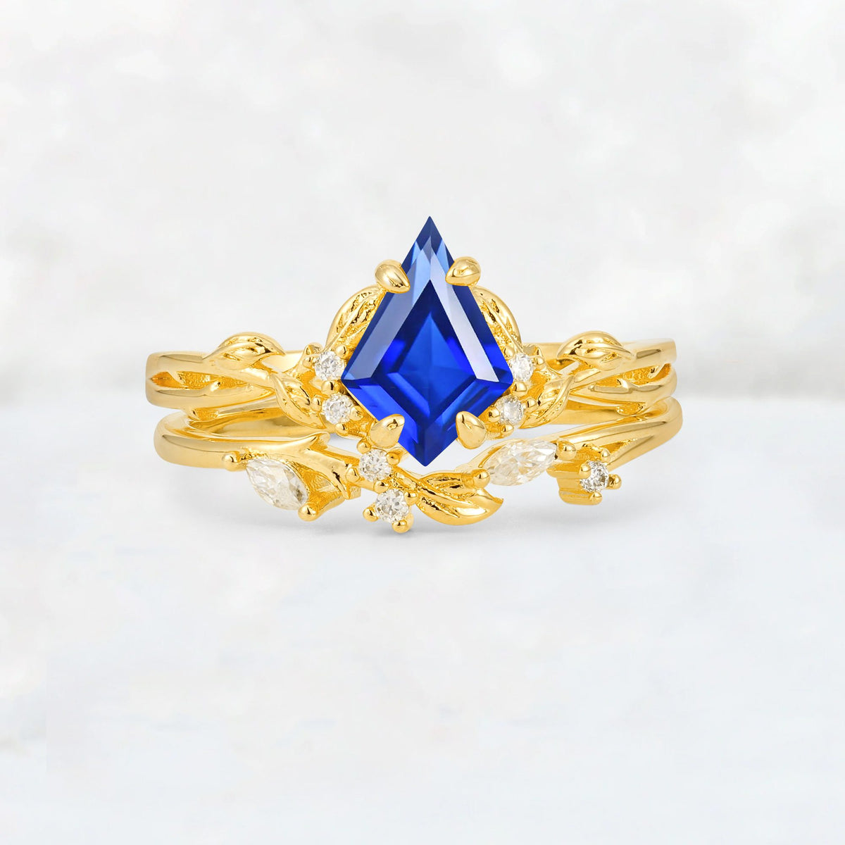 Elongated Kite Cut Sapphire Leaf Vine Marquise Bridal Ring Set - Yellow-Gold