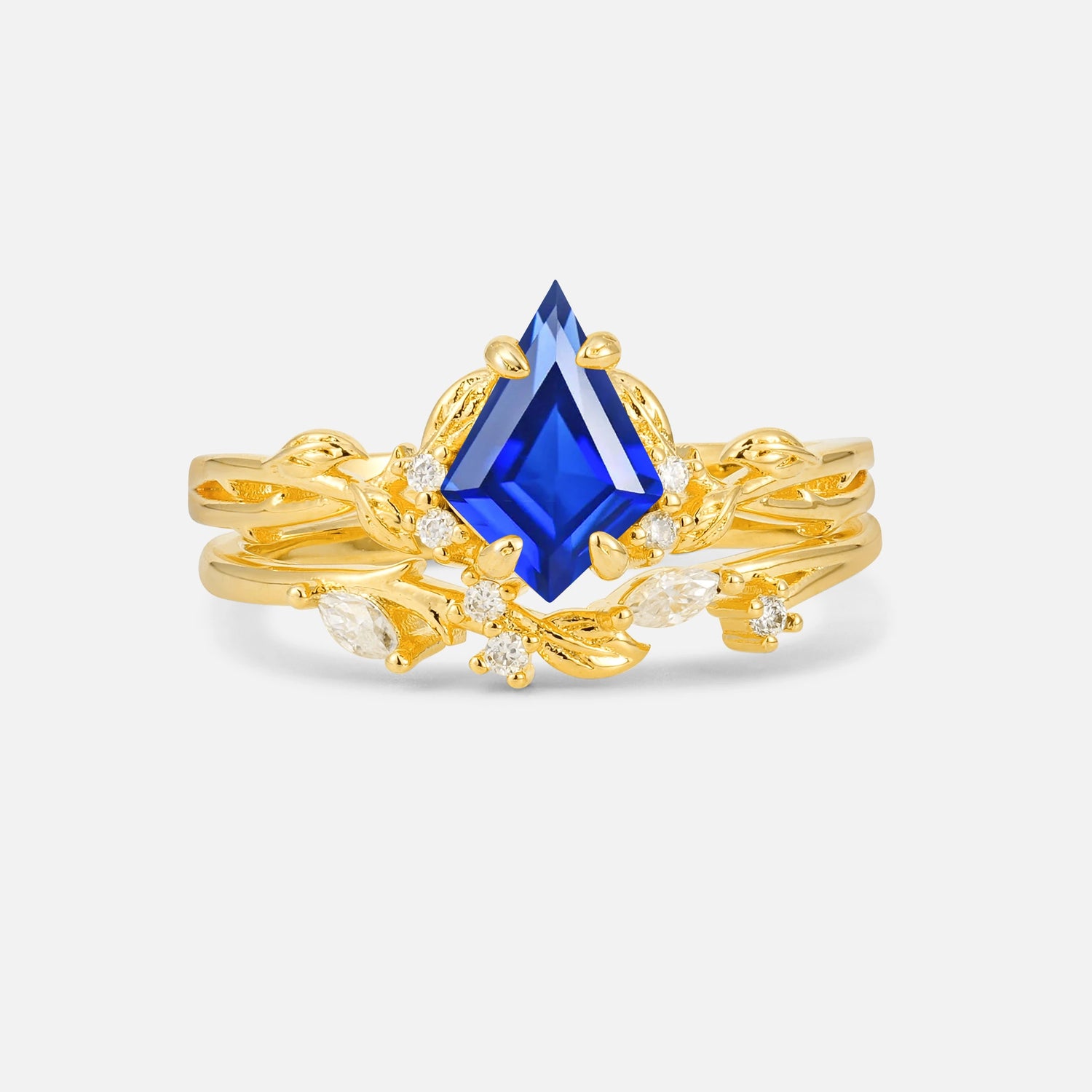 Elongated Kite Cut Sapphire Leaf Vine Marquise Bridal Ring Set - Yellow-Gold