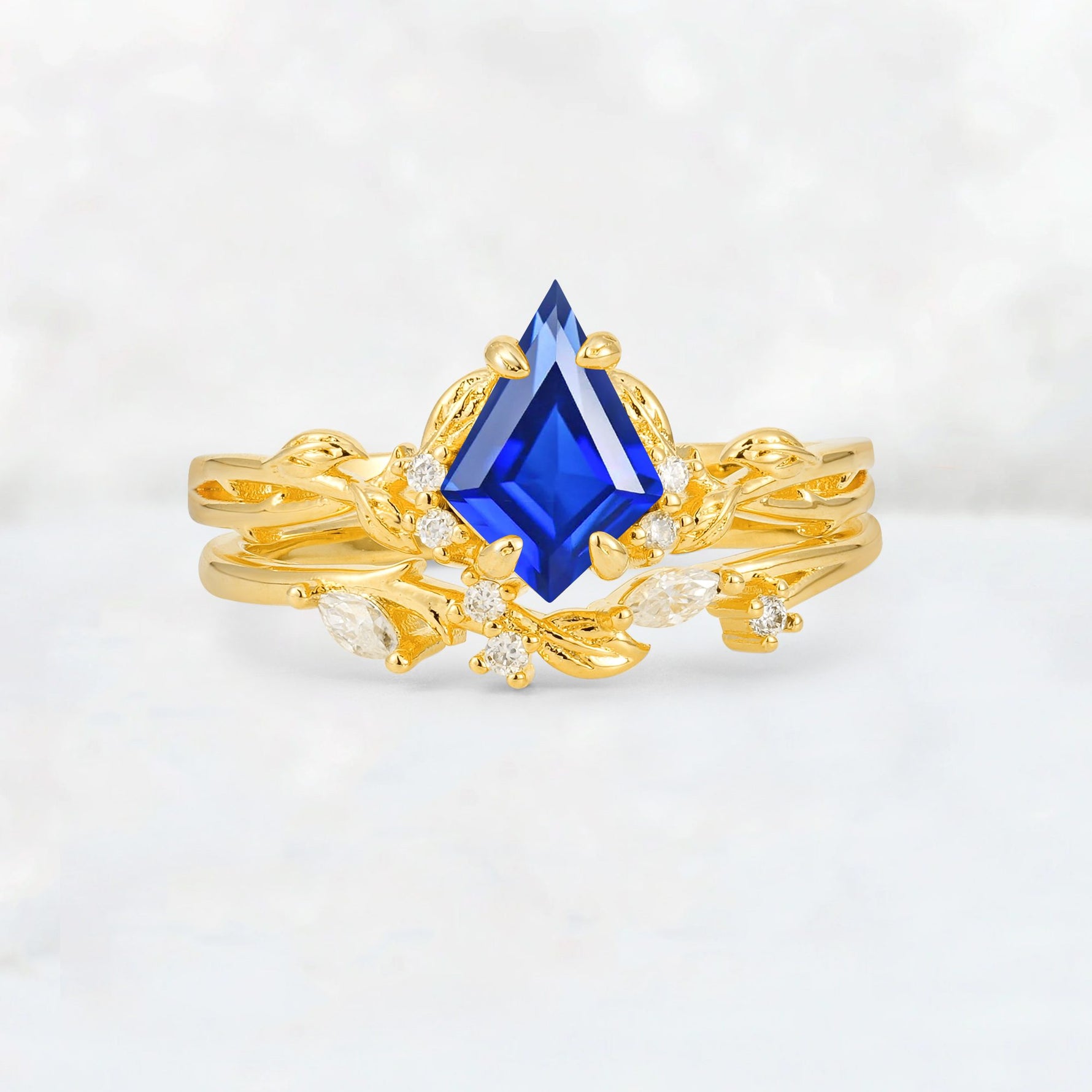 Elongated Kite Cut Sapphire Leaf Vine Marquise Bridal Ring Set - Yellow-Gold