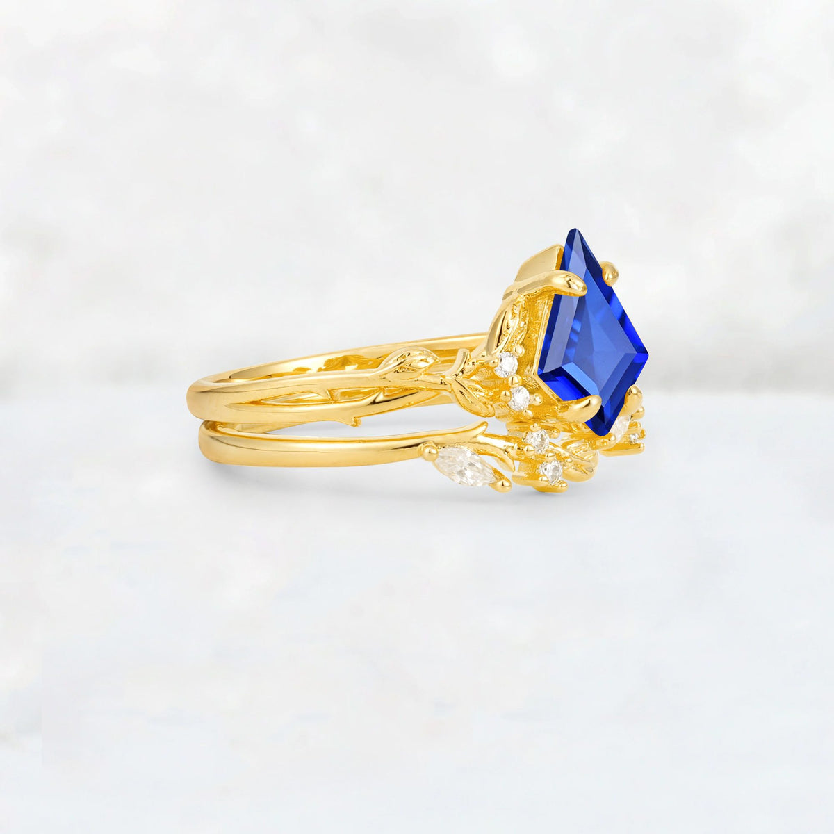 Elongated Kite Cut Sapphire Leaf Vine Marquise Bridal Ring Set - Rose-Gold