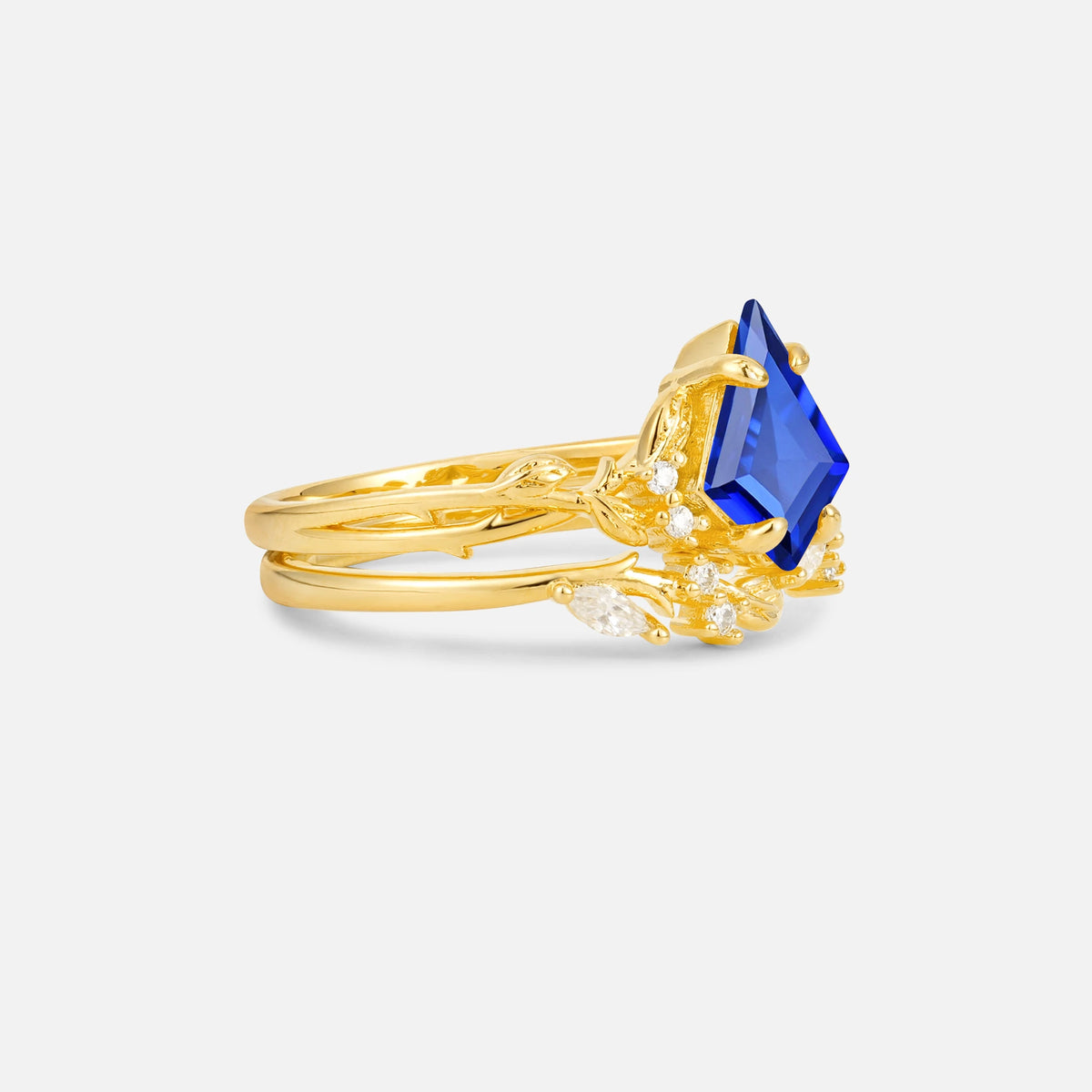 Elongated Kite Cut Sapphire Leaf Vine Marquise Bridal Ring Set - Rose-Gold