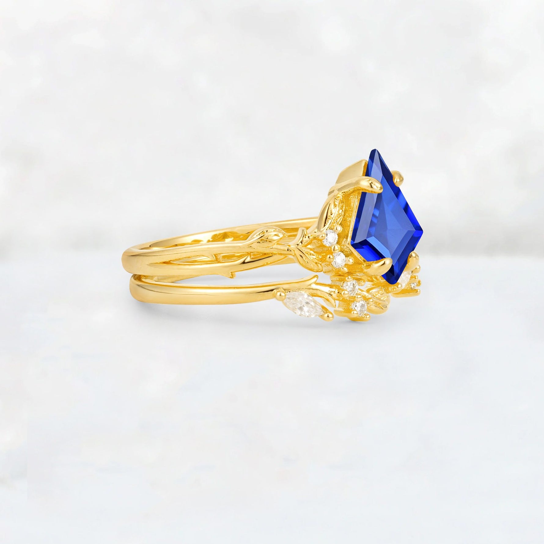 Elongated Kite Cut Sapphire Leaf Vine Marquise Bridal Ring Set - Rose-Gold