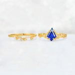 Elongated Kite Cut Sapphire Leaf Vine Marquise Bridal Ring Set - White-Gold