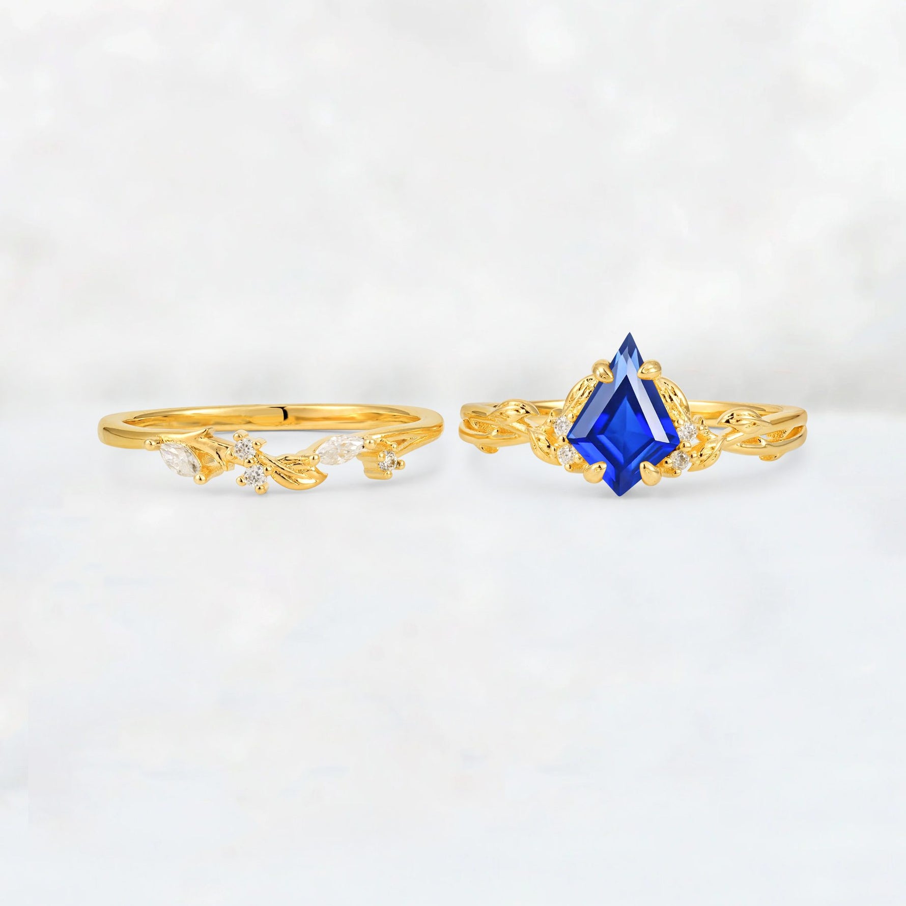 Elongated Kite Cut Sapphire Leaf Vine Marquise Bridal Ring Set - White-Gold