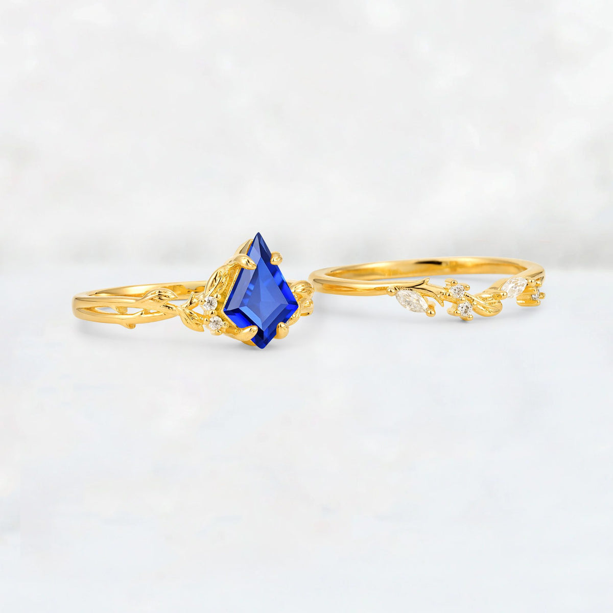 Elongated Kite Cut Sapphire Leaf Vine Marquise Bridal Ring Set - Additional view