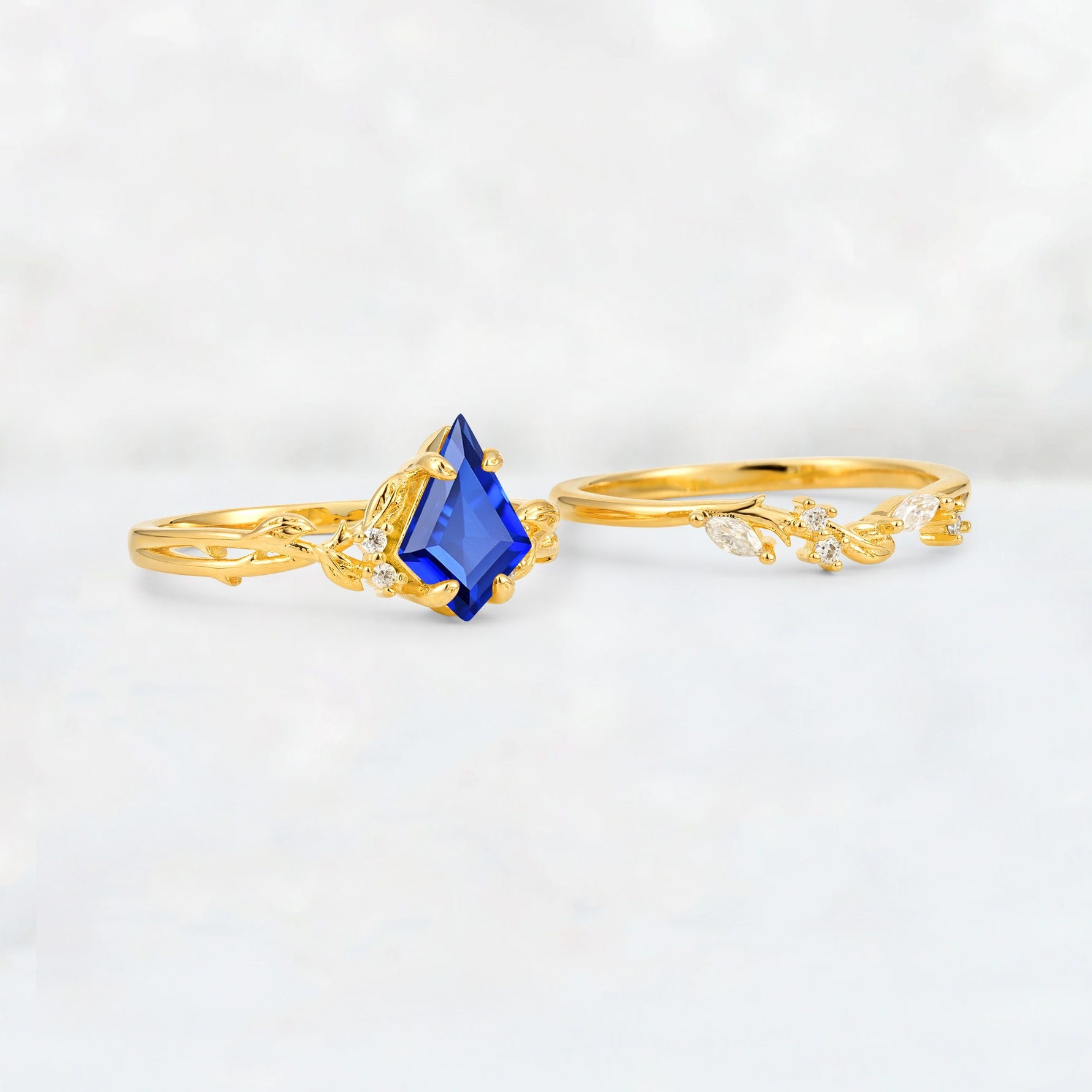 Elongated Kite Cut Sapphire Leaf Vine Marquise Bridal Ring Set - Additional view