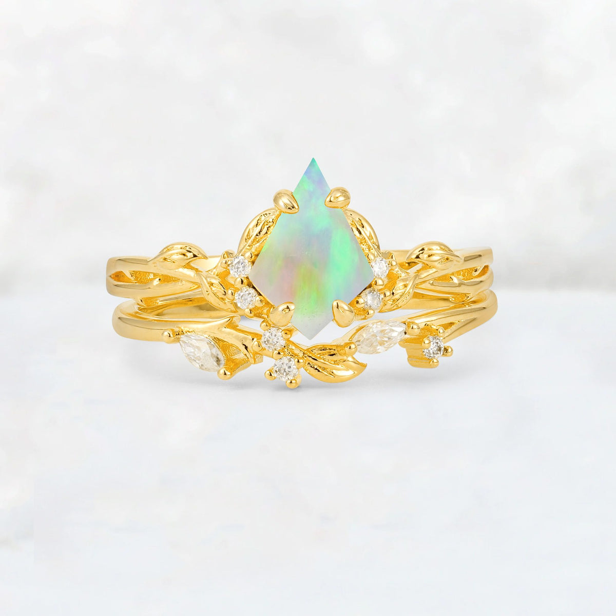 Elongated Kite Cut Fire Opal Leaf Vine Marquise Bridal Ring Set - Yellow-Gold