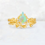Elongated Kite Cut Fire Opal Leaf Vine Marquise Bridal Ring Set - Yellow-Gold