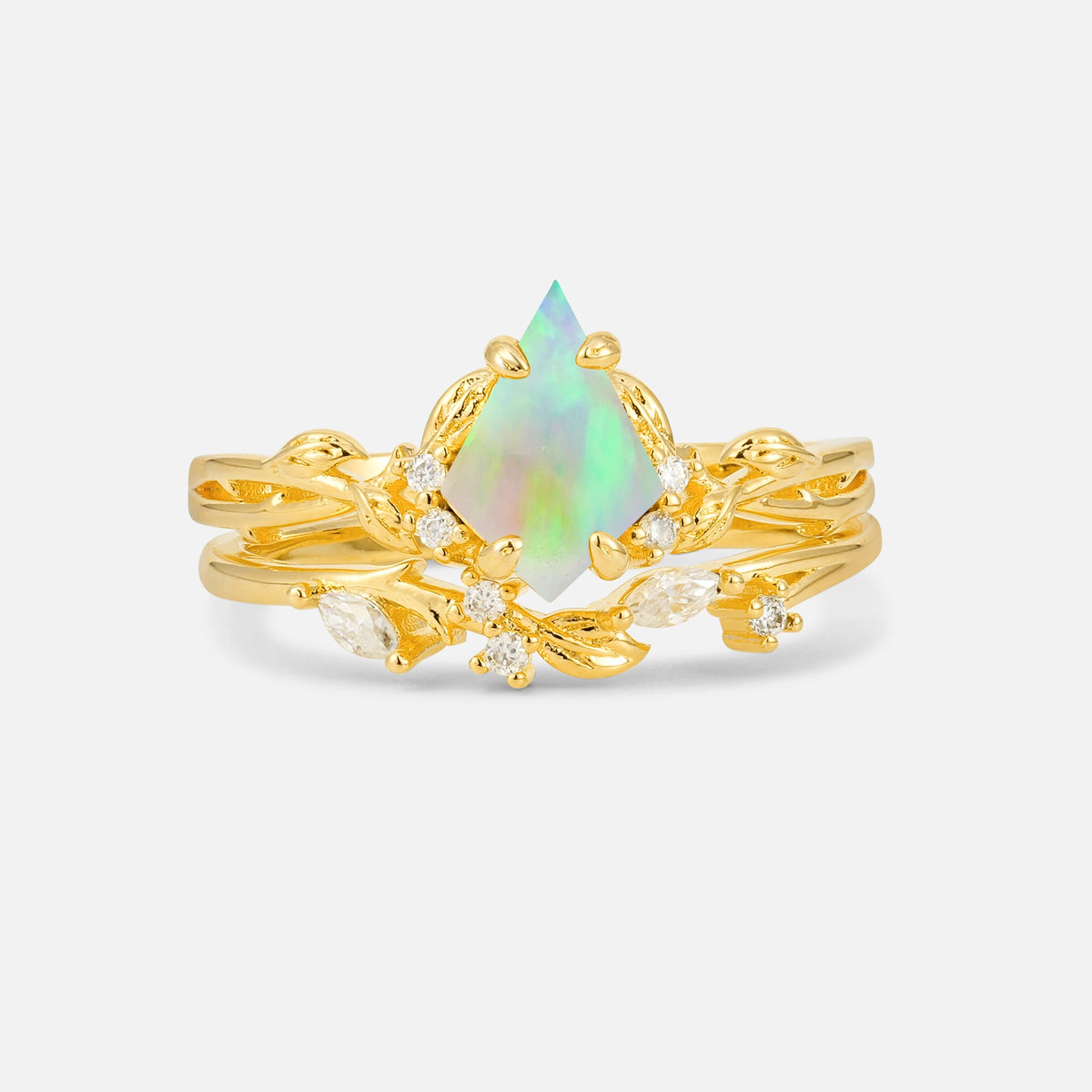 Elongated Kite Cut Fire Opal Leaf Vine Marquise Bridal Ring Set - Yellow-Gold