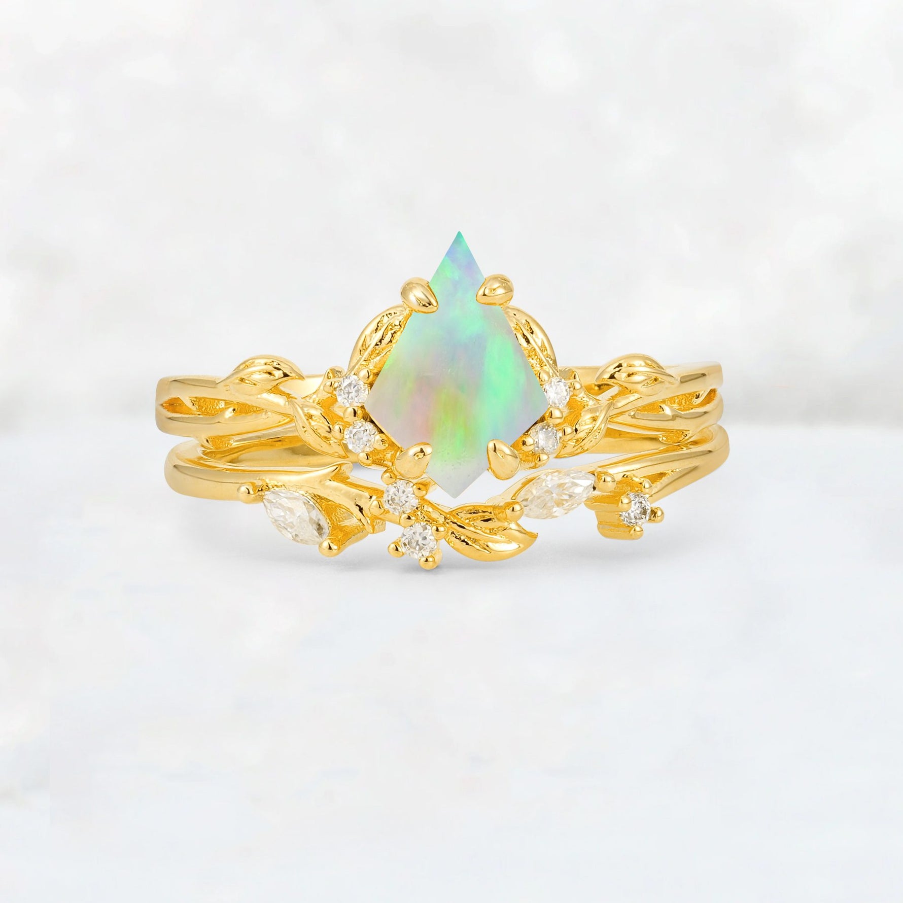 Elongated Kite Cut Fire Opal Leaf Vine Marquise Bridal Ring Set - Yellow-Gold