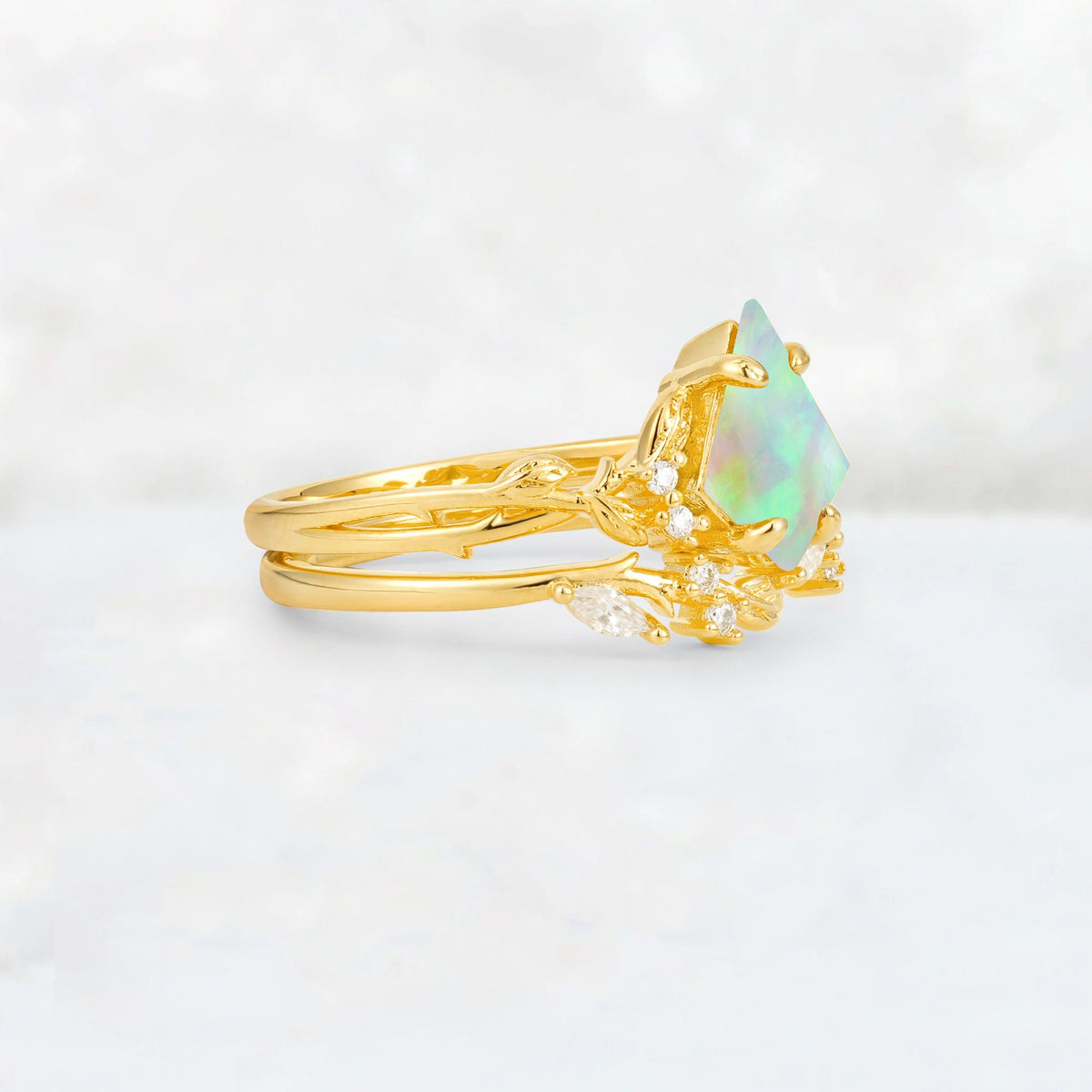 Elongated Kite Cut Fire Opal Leaf Vine Marquise Bridal Ring Set - Rose-Gold