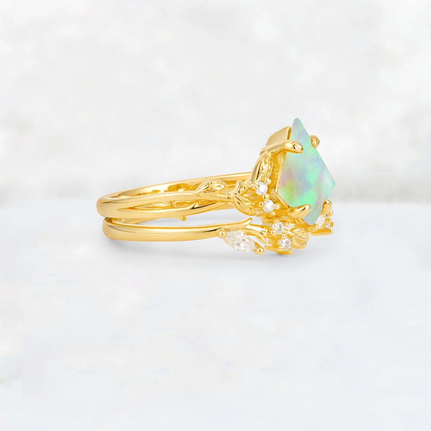 Elongated Kite Cut Fire Opal Leaf Vine Marquise Bridal Ring Set - Rose-Gold