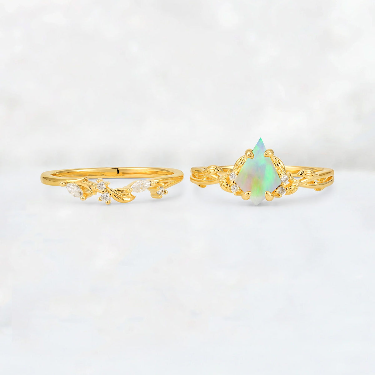 Elongated Kite Cut Fire Opal Leaf Vine Marquise Bridal Ring Set - White-Gold