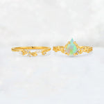 Elongated Kite Cut Fire Opal Leaf Vine Marquise Bridal Ring Set - White-Gold