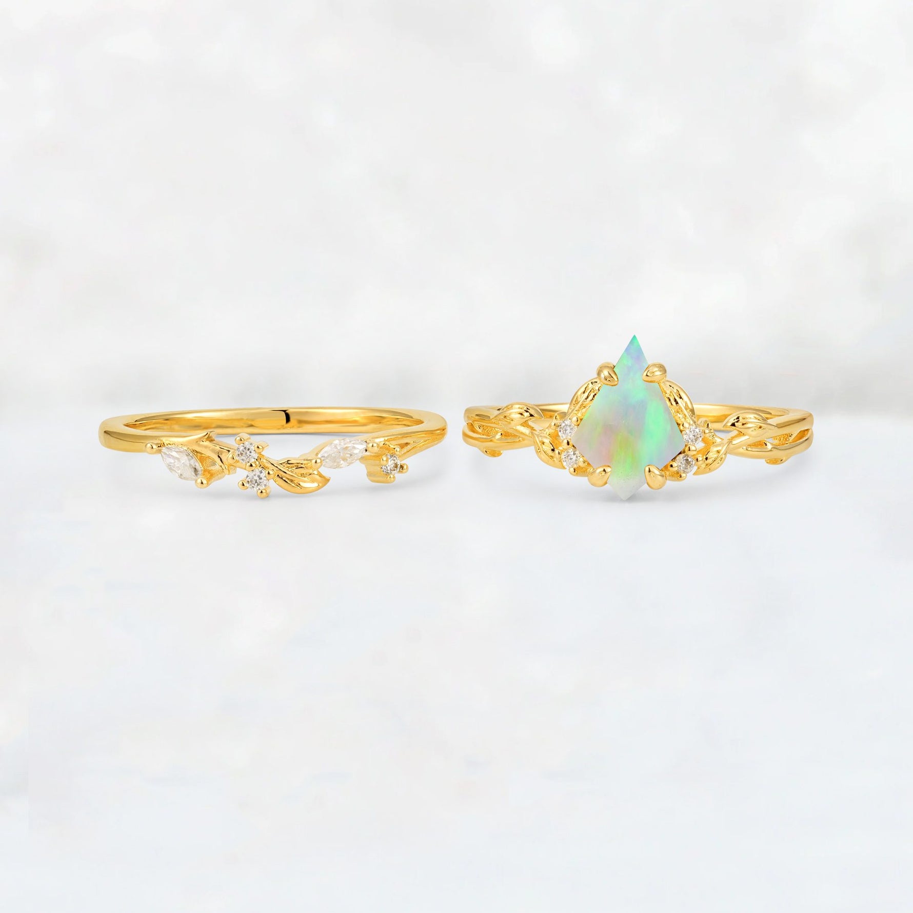 Elongated Kite Cut Fire Opal Leaf Vine Marquise Bridal Ring Set - White-Gold