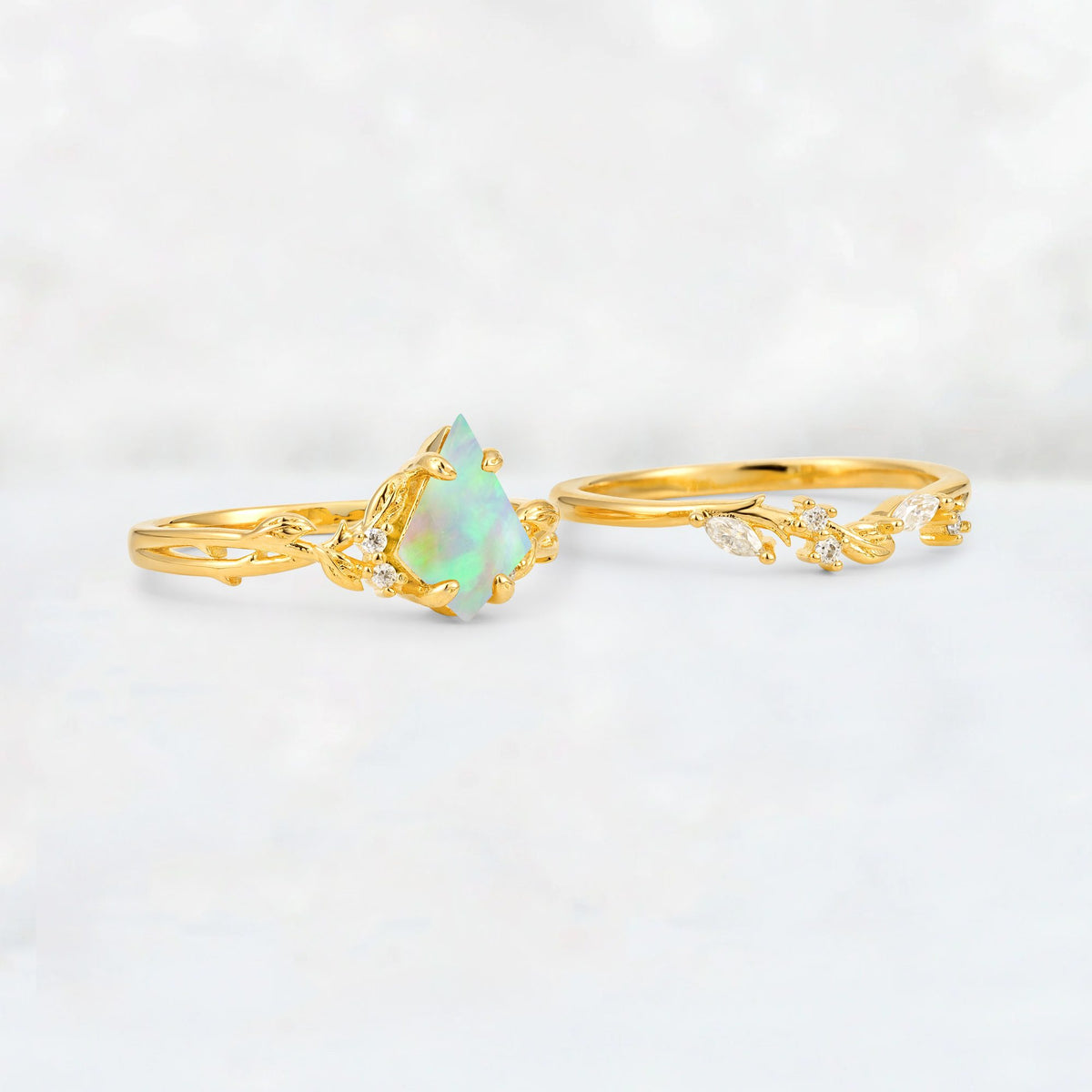 Elongated Kite Cut Fire Opal Leaf Vine Marquise Bridal Ring Set - Additional view