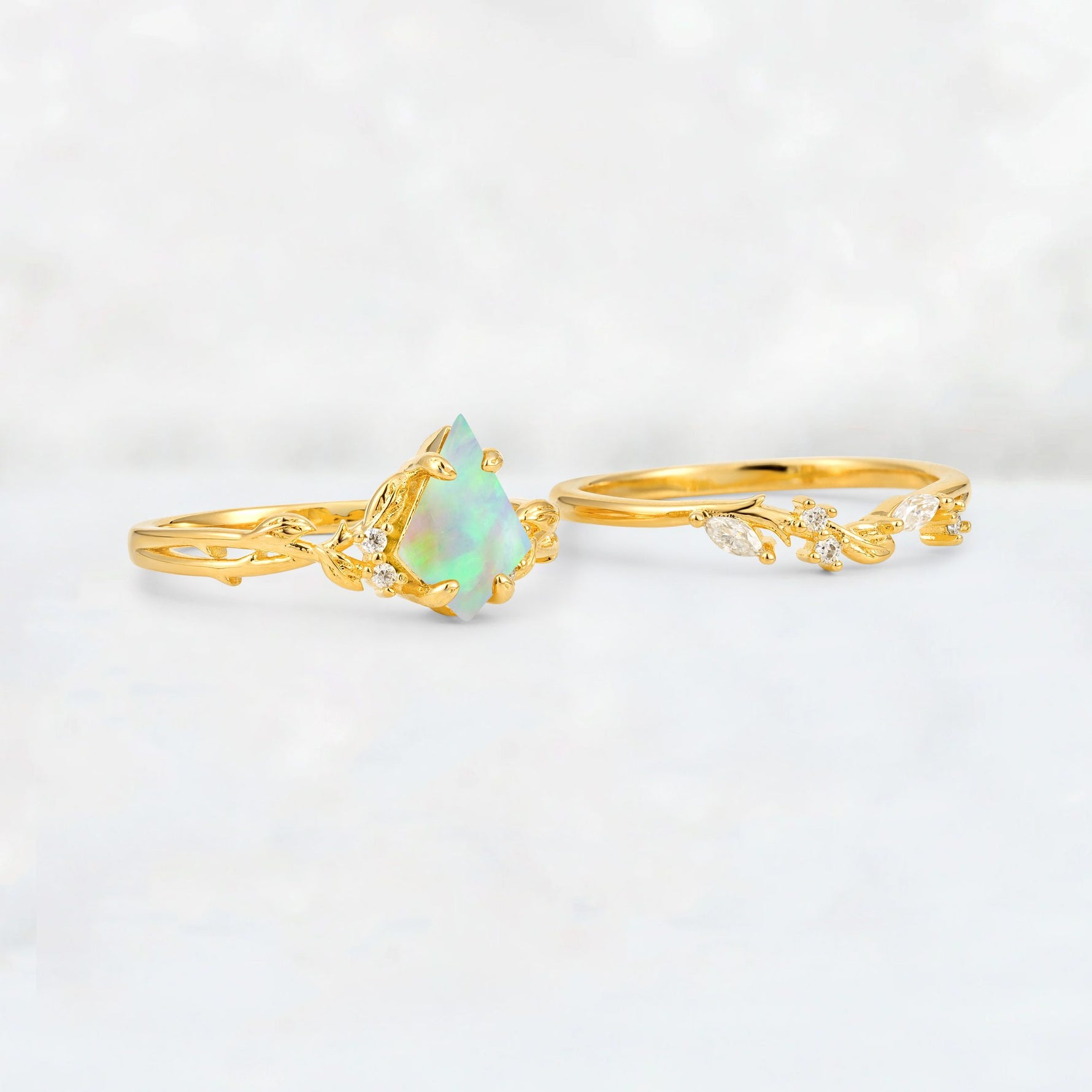 Elongated Kite Cut Fire Opal Leaf Vine Marquise Bridal Ring Set - Additional view