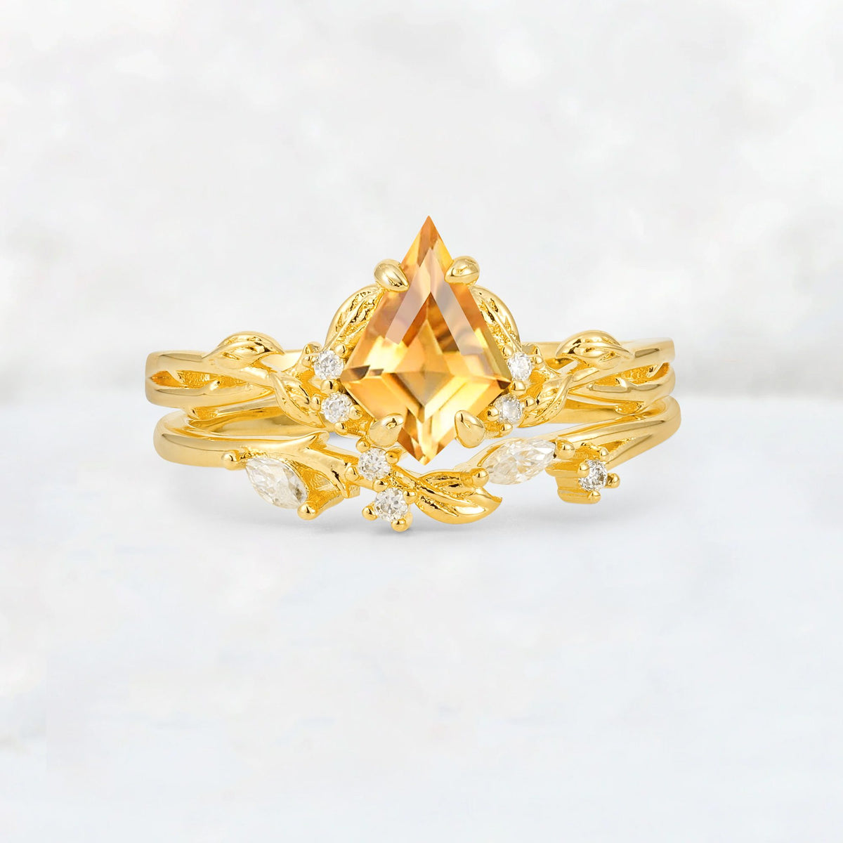 Elongated Kite Cut Citrine Leaf Vine Marquise Bridal Ring Set - Yellow-Gold