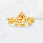 Elongated Kite Cut Citrine Leaf Vine Marquise Bridal Ring Set - Yellow-Gold