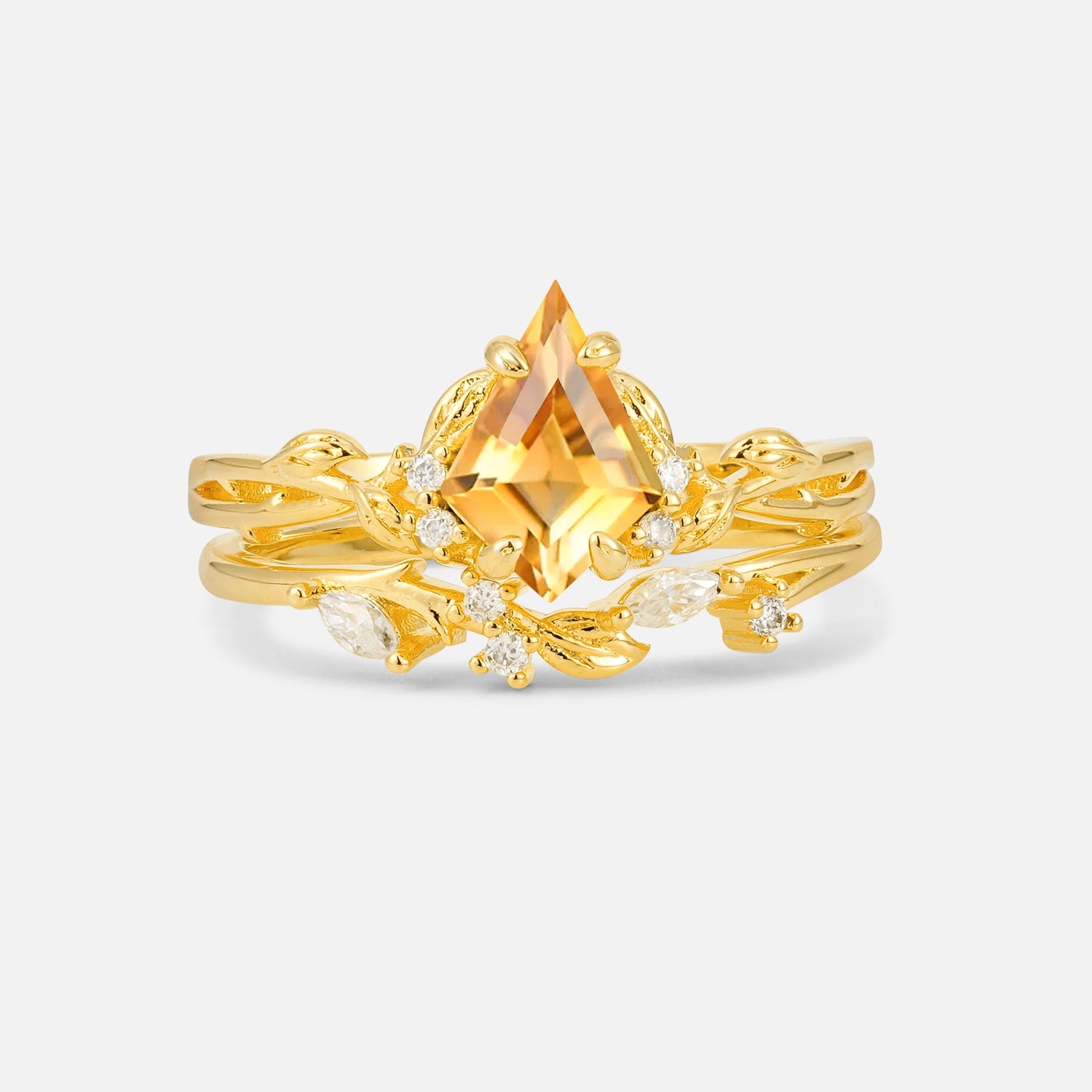 Elongated Kite Cut Citrine Leaf Vine Marquise Bridal Ring Set - Yellow-Gold