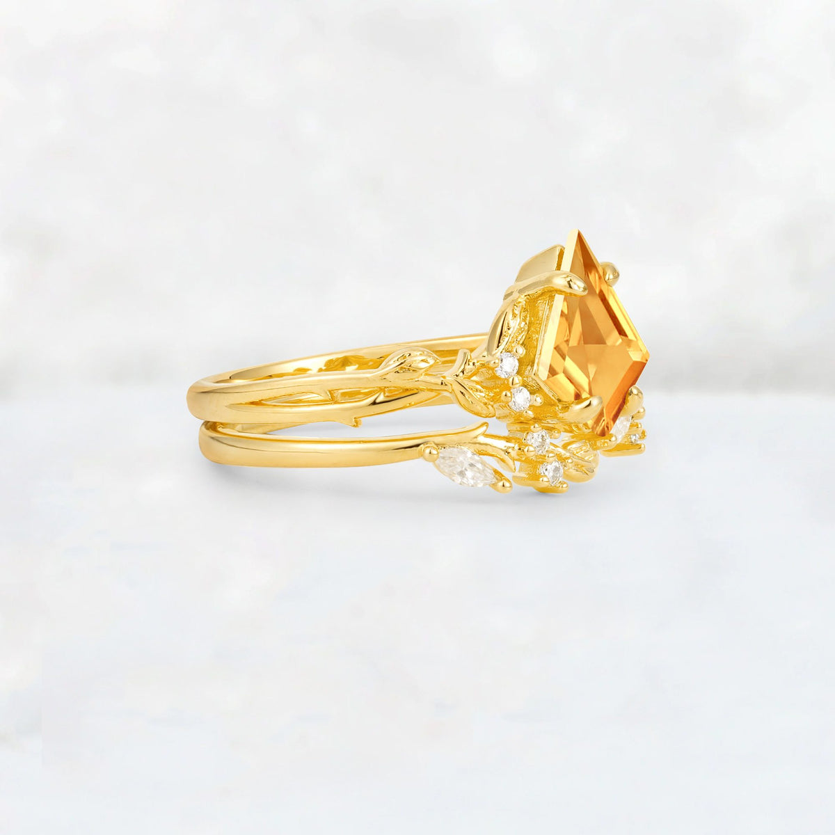 Elongated Kite Cut Citrine Leaf Vine Marquise Bridal Ring Set - Rose-Gold