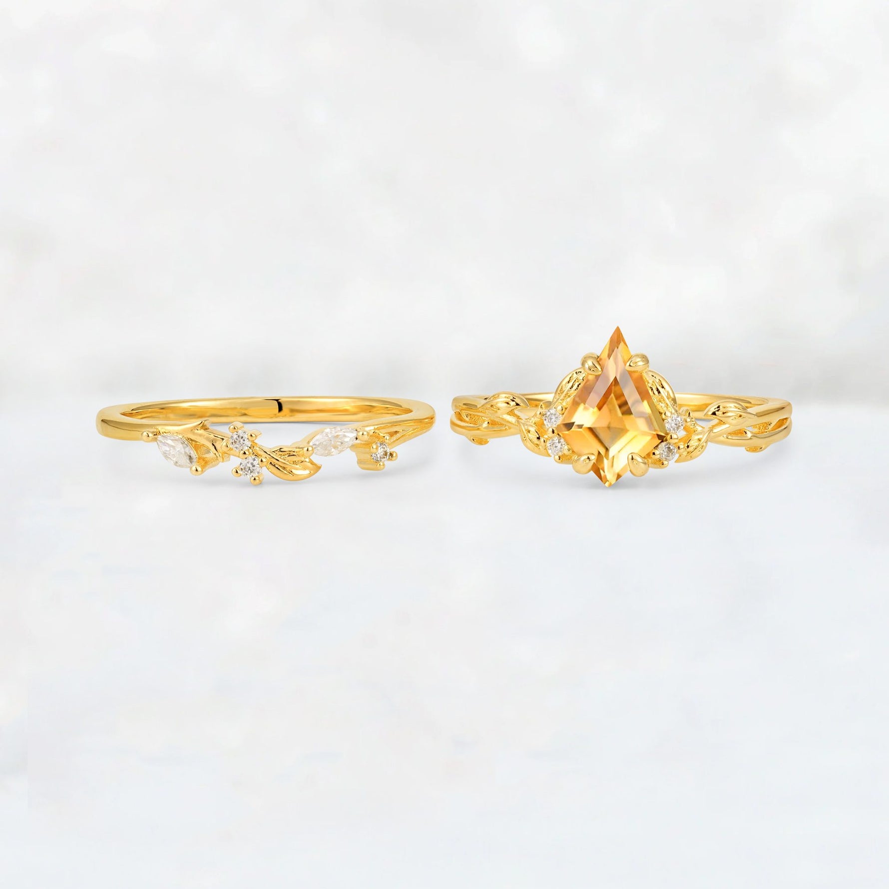 Elongated Kite Cut Citrine Leaf Vine Marquise Bridal Ring Set - White-Gold