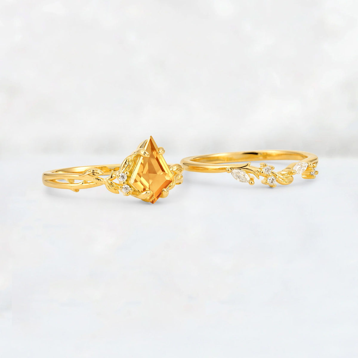 Elongated Kite Cut Citrine Leaf Vine Marquise Bridal Ring Set - Additional view