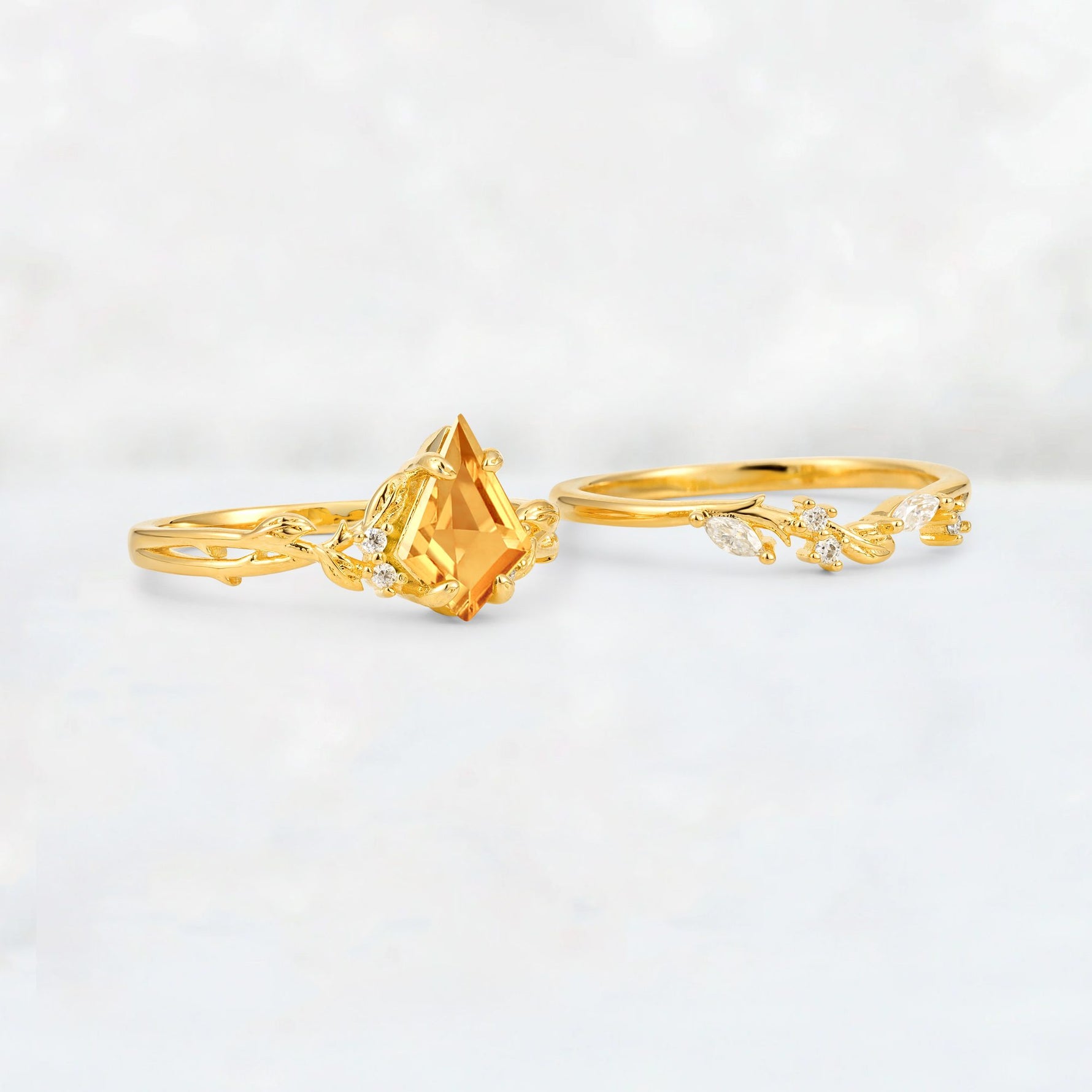 Elongated Kite Cut Citrine Leaf Vine Marquise Bridal Ring Set - Additional view