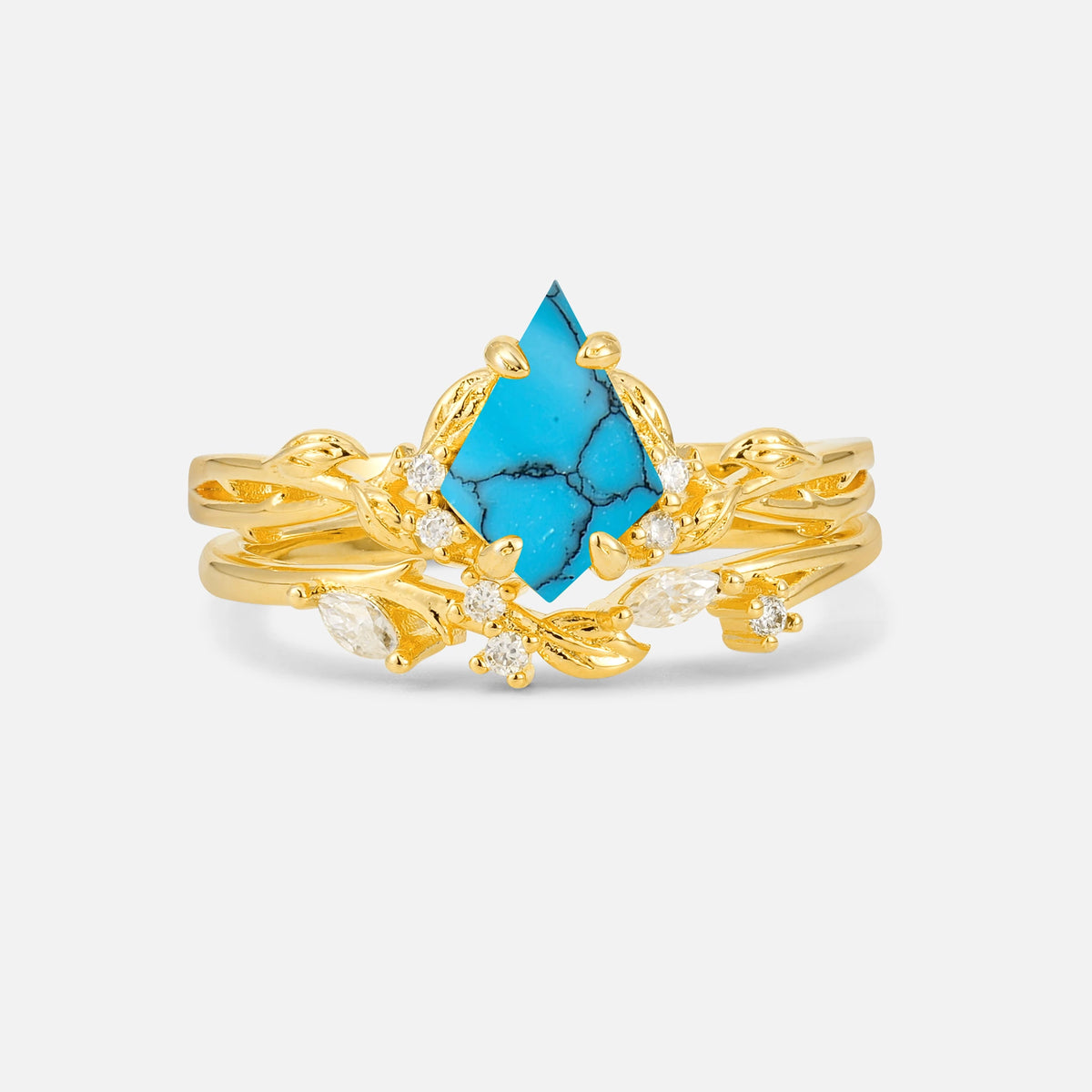 Elongated Kite Cut Turquoise Leaf Vine Marquise Bridal Ring Set - Yellow-Gold