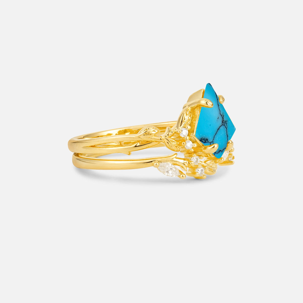 Elongated Kite Cut Turquoise Leaf Vine Marquise Bridal Ring Set - Rose-Gold