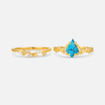 Elongated Kite Cut Turquoise Leaf Vine Marquise Bridal Ring Set - White-Gold