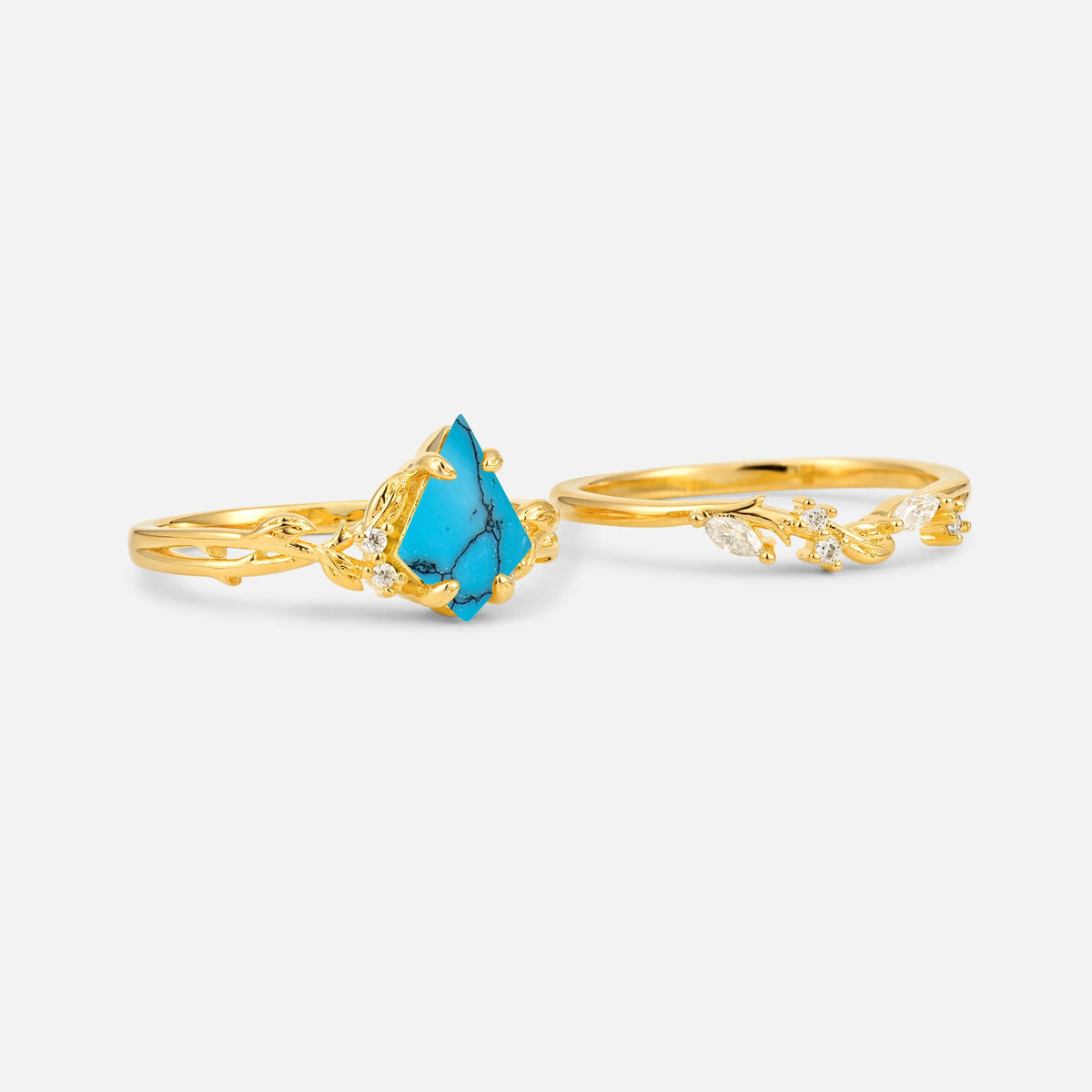 Elongated Kite Cut Turquoise Leaf Vine Marquise Bridal Ring Set - Additional view