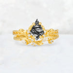 Elongated Kite Cut Black Rutilated Quartz Leaf Vine Marquise Bridal Ring Set - Yellow-Gold