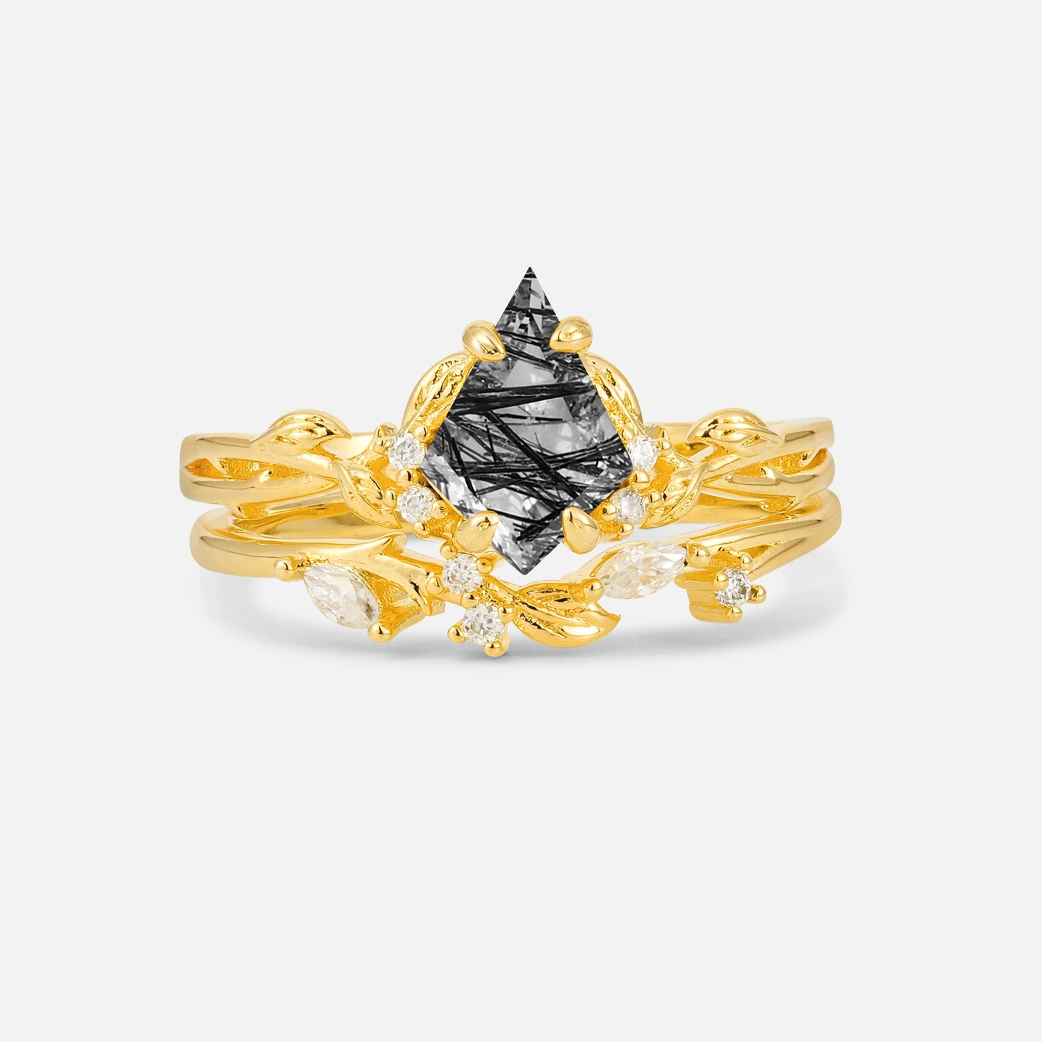 Elongated Kite Cut Black Rutilated Quartz Leaf Vine Marquise Bridal Ring Set - Yellow-Gold