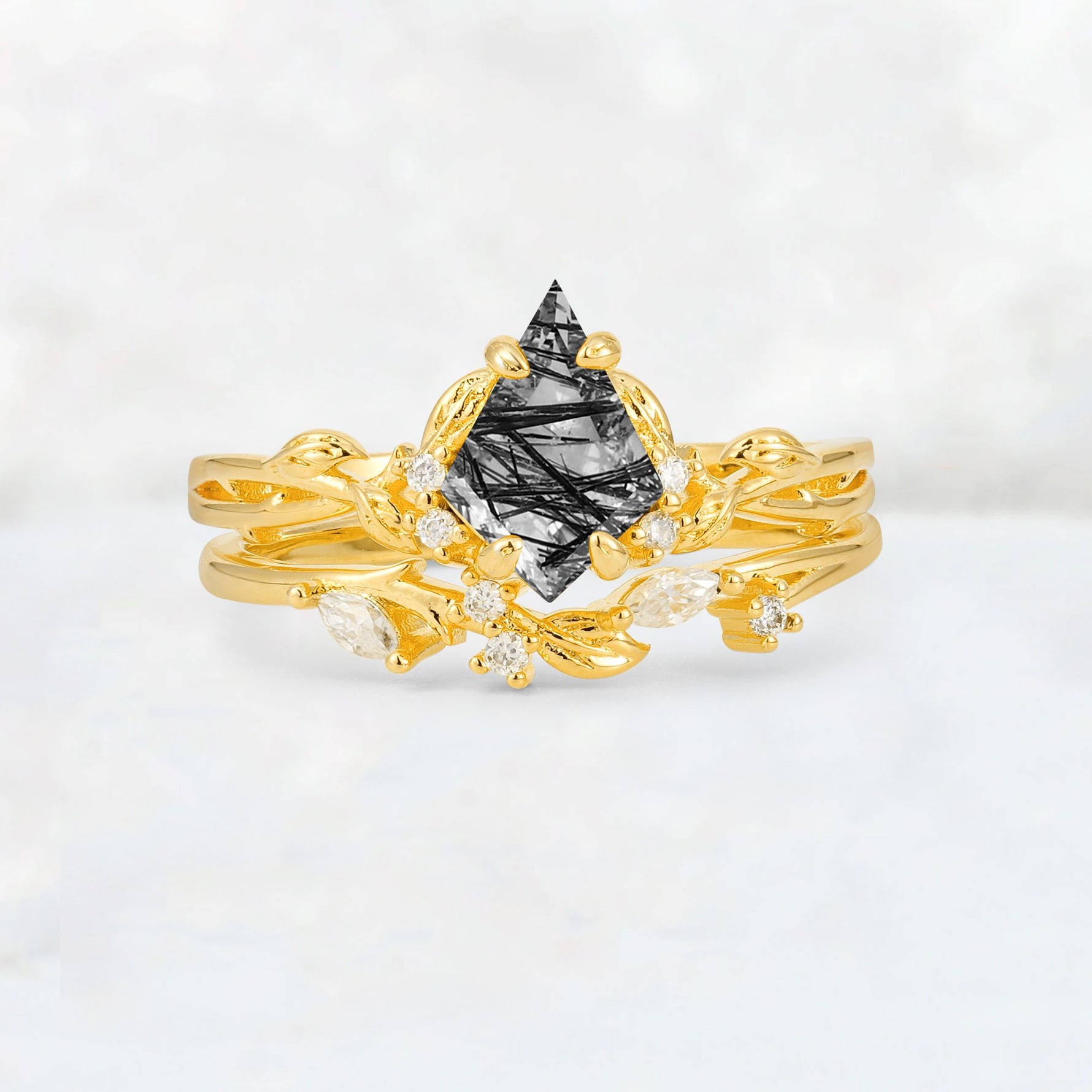 Elongated Kite Cut Black Rutilated Quartz Leaf Vine Marquise Bridal Ring Set - Yellow-Gold