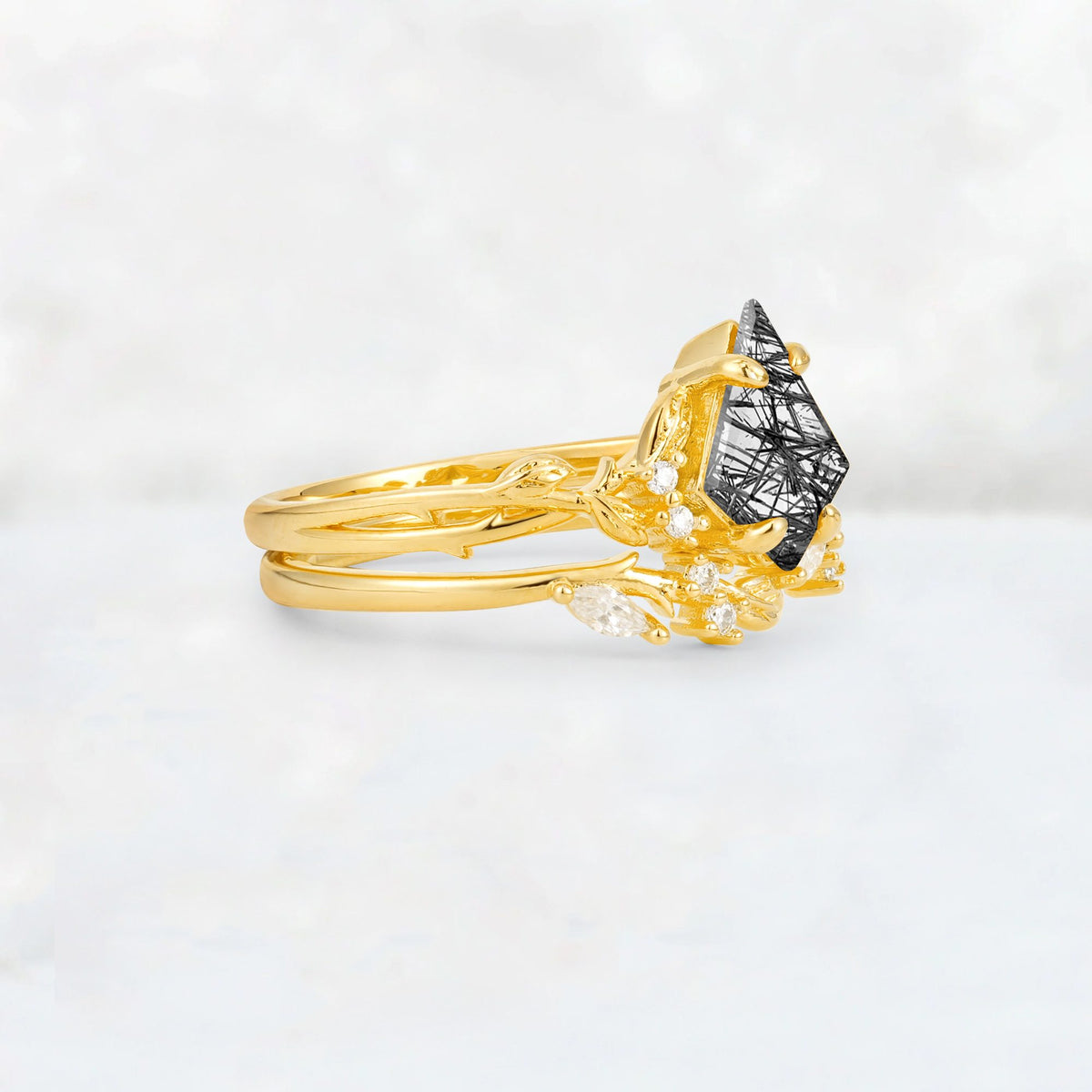 Elongated Kite Cut Black Rutilated Quartz Leaf Vine Marquise Bridal Ring Set - Rose-Gold