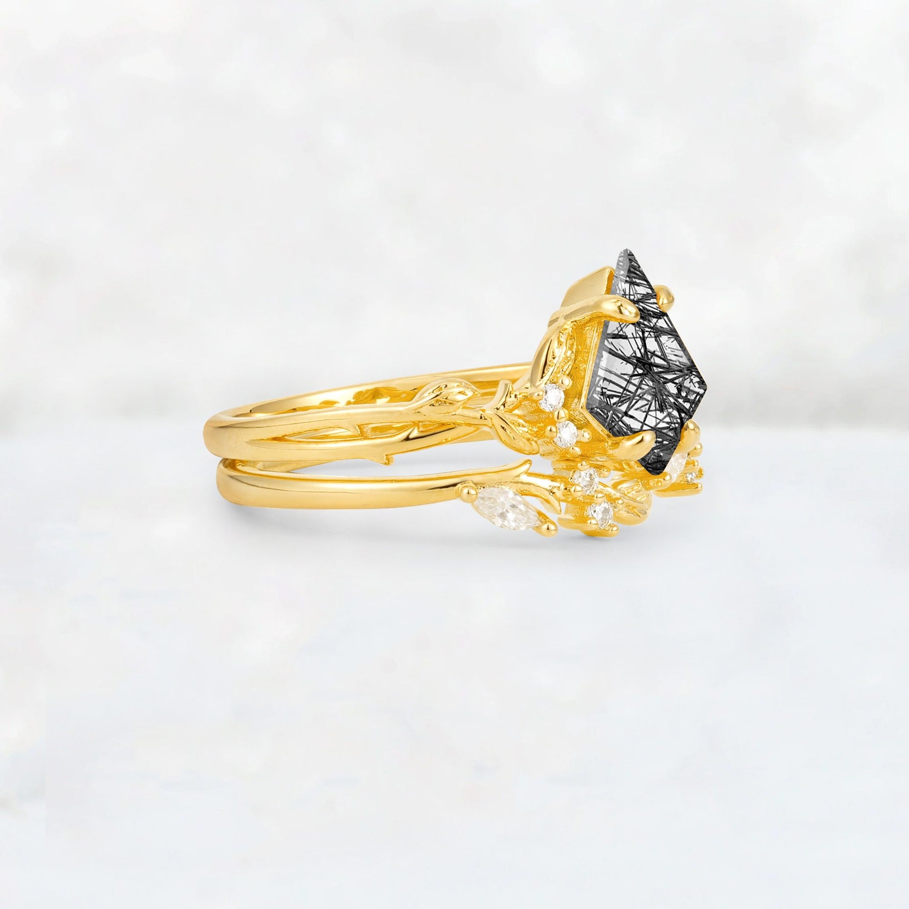 Elongated Kite Cut Black Rutilated Quartz Leaf Vine Marquise Bridal Ring Set - Rose-Gold