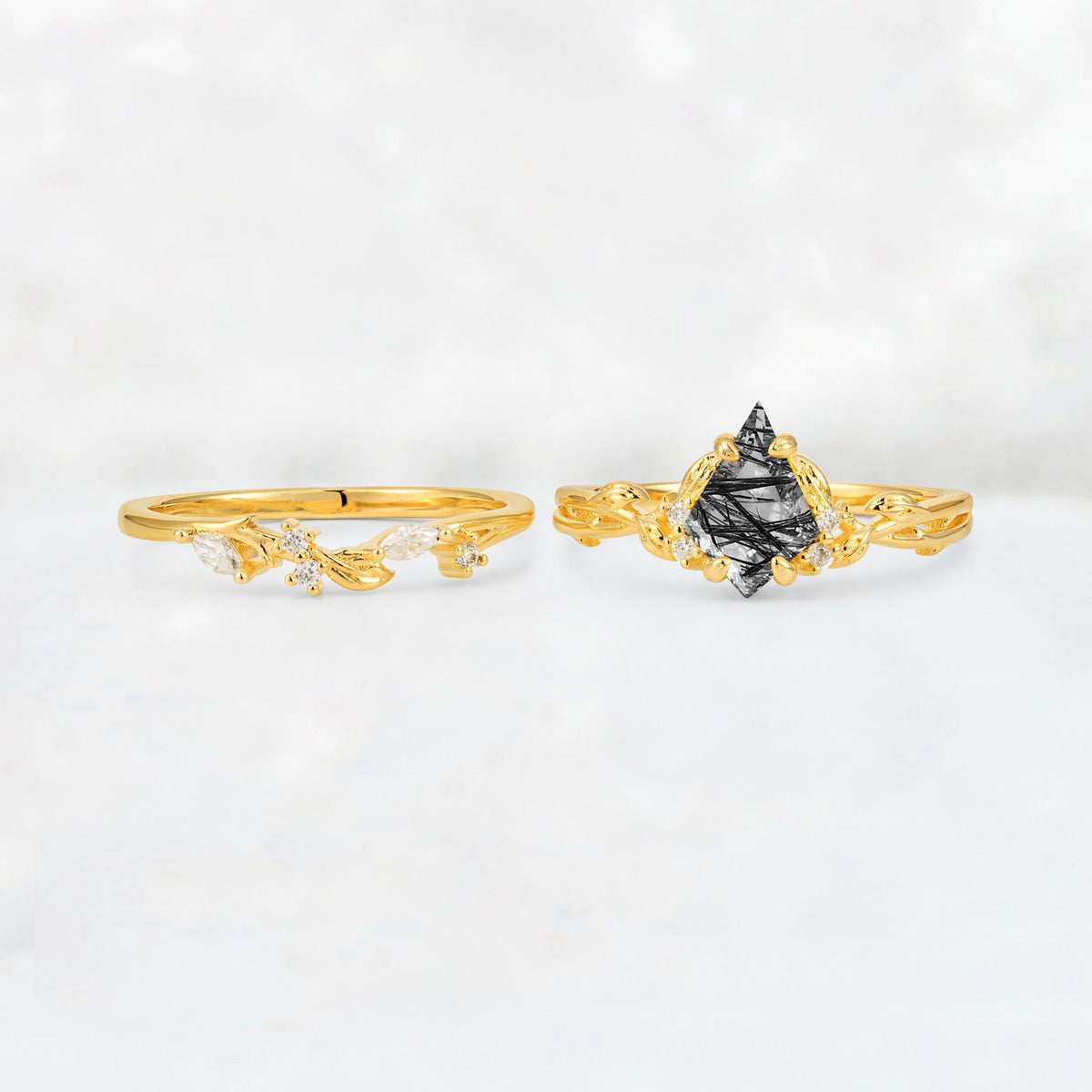 Elongated Kite Cut Black Rutilated Quartz Leaf Vine Marquise Bridal Ring Set - White-Gold