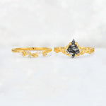 Elongated Kite Cut Black Rutilated Quartz Leaf Vine Marquise Bridal Ring Set - White-Gold