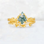 Elongated Kite Cut Moss Agate Leaf Vine Marquise Bridal Ring Set - Yellow-Gold