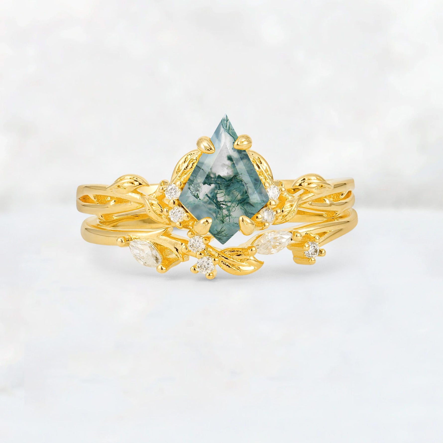 Elongated Kite Cut Moss Agate Leaf Vine Marquise Bridal Ring Set - Yellow-Gold